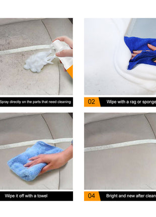 Step-by-step guide on cleaning a surface with a spray, rag, and towel.