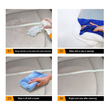 Step-by-step guide on cleaning a surface with a spray, rag, and towel.