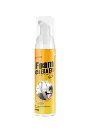 Foam cleaner spray bottle with yellow label on a white background