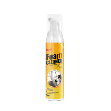 Foam cleaner spray bottle with yellow label on a white background