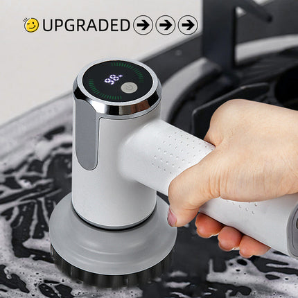 Hand holding a white cleaning tool with digital display over a soapy surface, labeled 'Upgraded'.