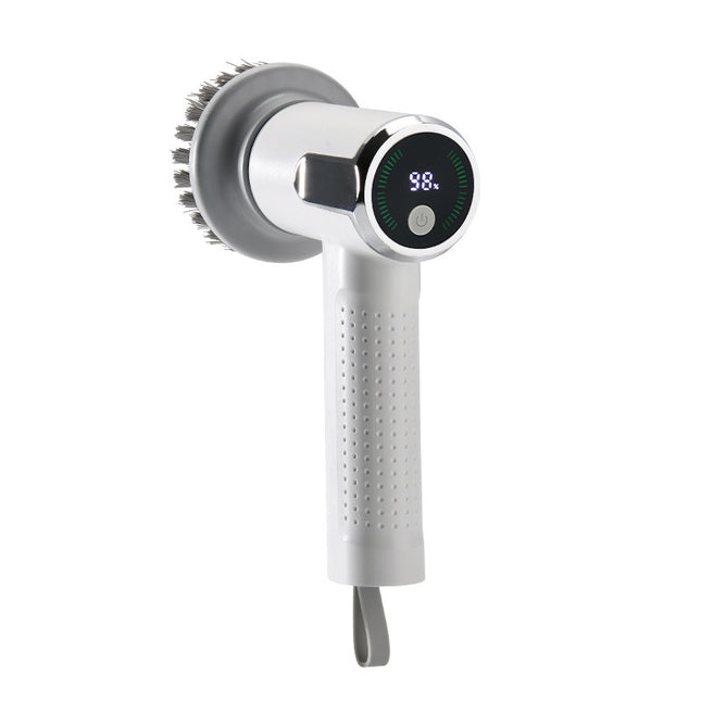 White handheld shower head with digital display on a white background