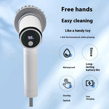 Handheld cleaning device with digital display on a blue gradient background