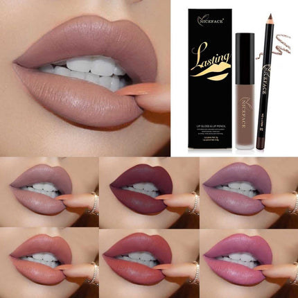 A collage of images showing a lip gloss and pencil set with various lip colors displayed, along with the packaging.