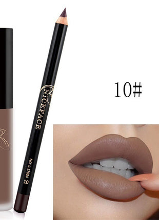 A collage of images showing a lip gloss and pencil set with various lip colors displayed, along with the packaging.