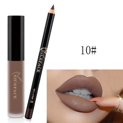 A collage of images showing a lip gloss and pencil set with various lip colors displayed, along with the packaging.