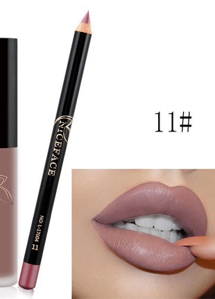 A collage of images showing a lip gloss and pencil set with various lip colors displayed, along with the packaging.