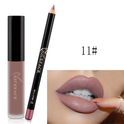 A collage of images showing a lip gloss and pencil set with various lip colors displayed, along with the packaging.