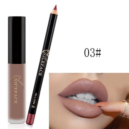 A collage of images showing a lip gloss and pencil set with various lip colors displayed, along with the packaging.