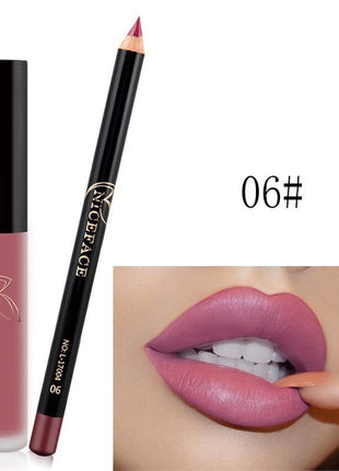 A collage of images showing a lip gloss and pencil set with various lip colors displayed, along with the packaging.