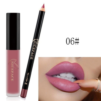 A collage of images showing a lip gloss and pencil set with various lip colors displayed, along with the packaging.