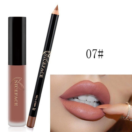 A collage of images showing a lip gloss and pencil set with various lip colors displayed, along with the packaging.