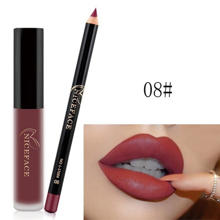 A collage of images showing a lip gloss and pencil set with various lip colors displayed, along with the packaging.