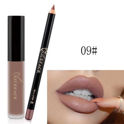 A collage of images showing a lip gloss and pencil set with various lip colors displayed, along with the packaging.