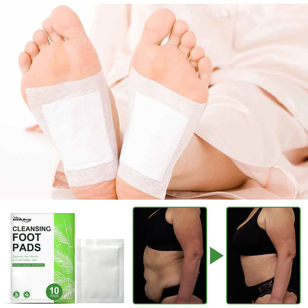 Cleansing foot pads with packaging and before-and-after images of a person wearing them.