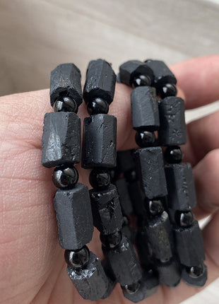Natural Raw Black Tourmaline Gemstone Bracelet – Unisex Bohemian Jewelry