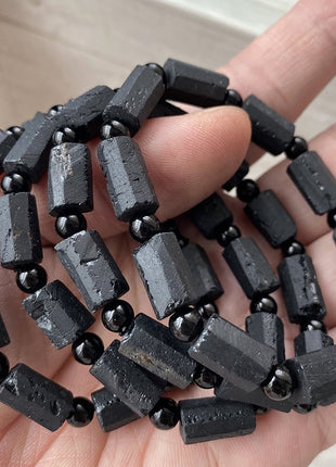 Natural Raw Black Tourmaline Gemstone Bracelet – Unisex Bohemian Jewelry