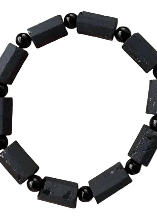 A beaded stretch bracelet featuring alternating matte black rectangular stone beads and glossy black round beads, arranged in a circular shape on a plain white background.