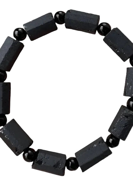 A beaded stretch bracelet featuring alternating matte black rectangular stone beads and glossy black round beads, arranged in a circular shape on a plain white background.