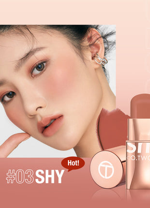 A close-up image of a person with a pink blush on their cheeks, alongside a stick blush labeled 'O.TWO.