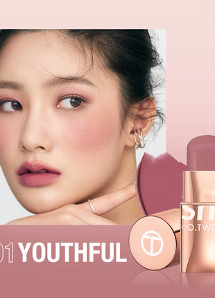 A close-up image of a person with a pink blush on their cheeks, alongside a stick blush labeled 'O.TWO.