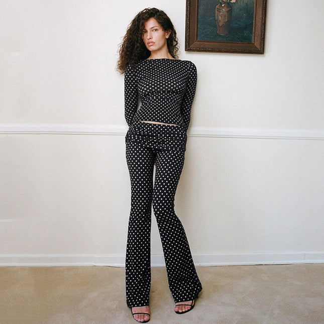 Polka Dot Bootcut Pants Stretch Slim-fit Top Two-piece Set