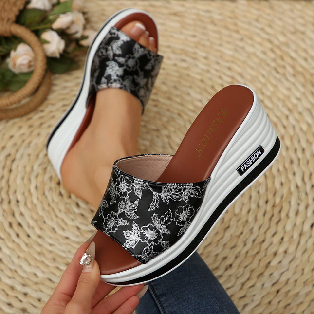 Stylish Flora Peep Toe Wedge Mule