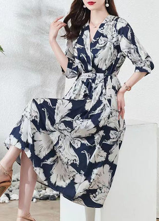 Waist-controlled Lace-up Mid Sleeve V-neck Dress