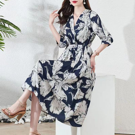 Waist-controlled Lace-up Mid Sleeve V-neck Dress