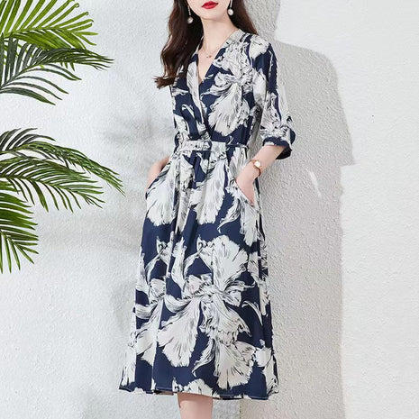 Waist-controlled Lace-up Mid Sleeve V-neck Dress