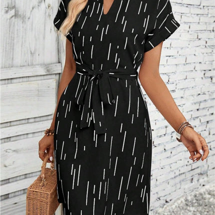 Slotted Neckline Batwing Sleeve Belt Dress
