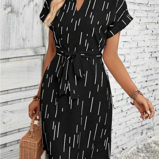 Slotted Neckline Batwing Sleeve Belt Dress