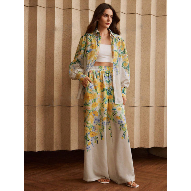 Casual Fashion Floral Print Women Blouse And Pants Suit