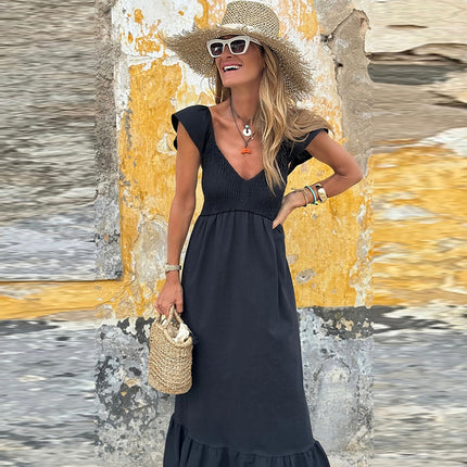 Pleated V-neck Short Sleeve Dress