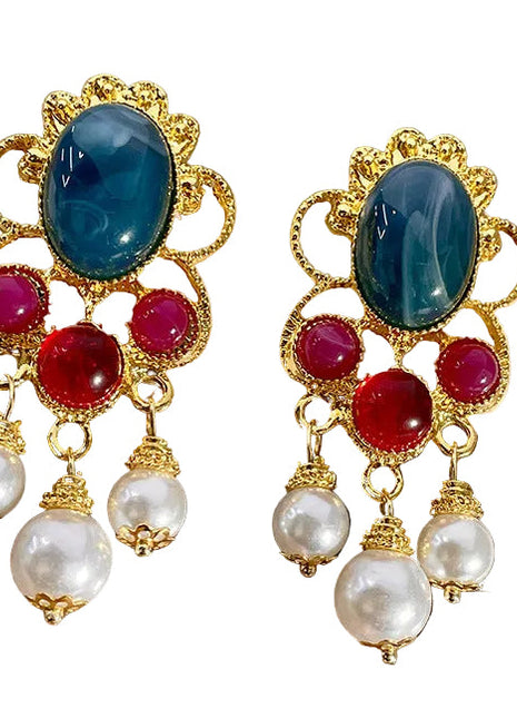 Pearl Red & Blue Crystal Earrings