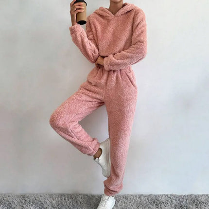 Autumn And Winter Plush Hooded Long Sleeve Pants Suit Set