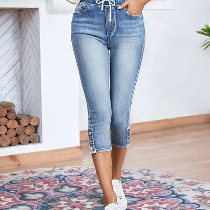 Elastic Waistband Lace-up Stretch Jeans
