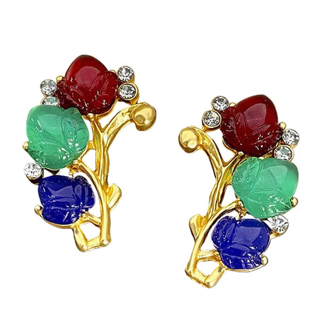 Flowers Green, Red & Blue Crystal Earrings