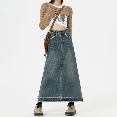 レトロファッション ヒップデニムロングスカート