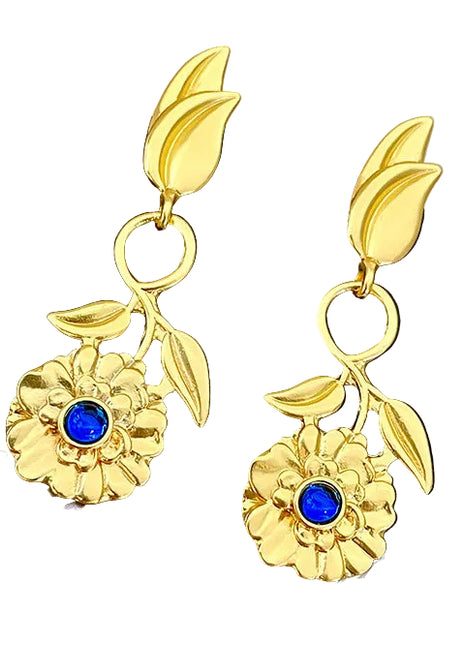 Golden Flower Blue Crystal Earrings