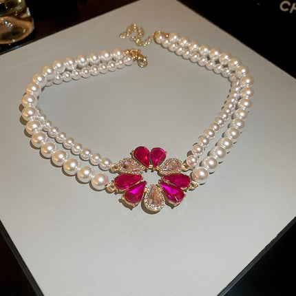 Rhinestone Pearl Flower Necklace & Earrings Combination