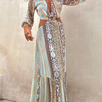 Midriff V-neck Lace Long Sleeve Dress