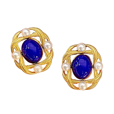 White Pearl & Blue Crystal Earrings