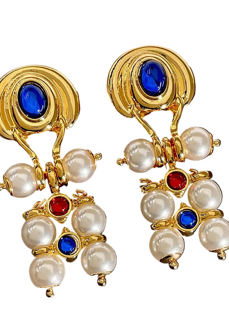 Pearls Blue & Red Crystal Earrings