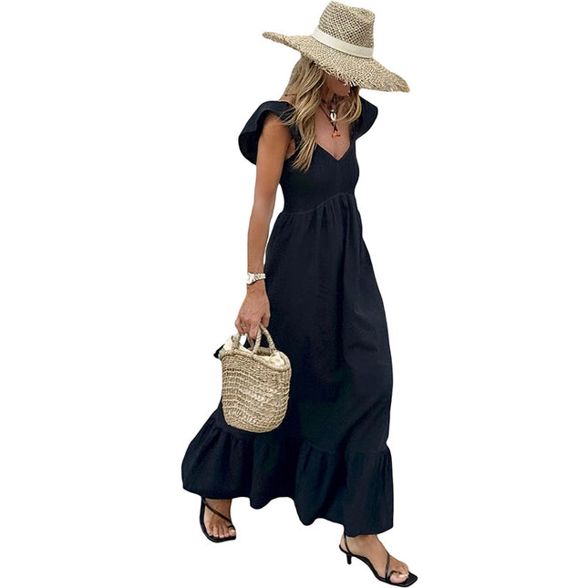 Pleated V-neck Short Sleeve Dress