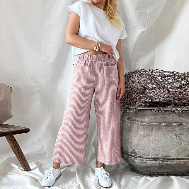Loose Striped Cotton and Linen Wide-leg Pants