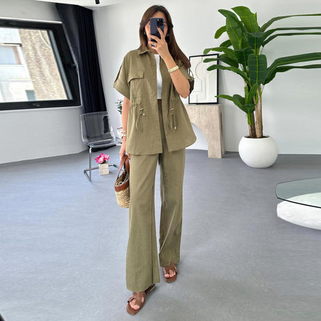 Traje de dos piezas casual de top con cordón, pantalón y pantalón