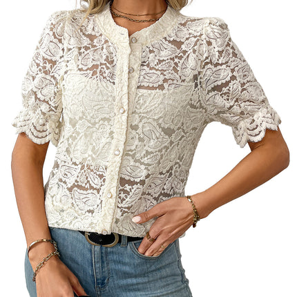 Casual Summer Lace Short Sleeve Button Shirt