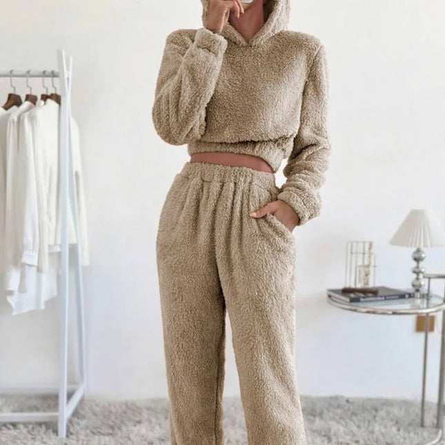 Autumn And Winter Plush Hooded Long Sleeve Pants Suit Set