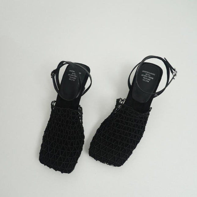 Vintage Weave Hollow-out Square Toe High Heels